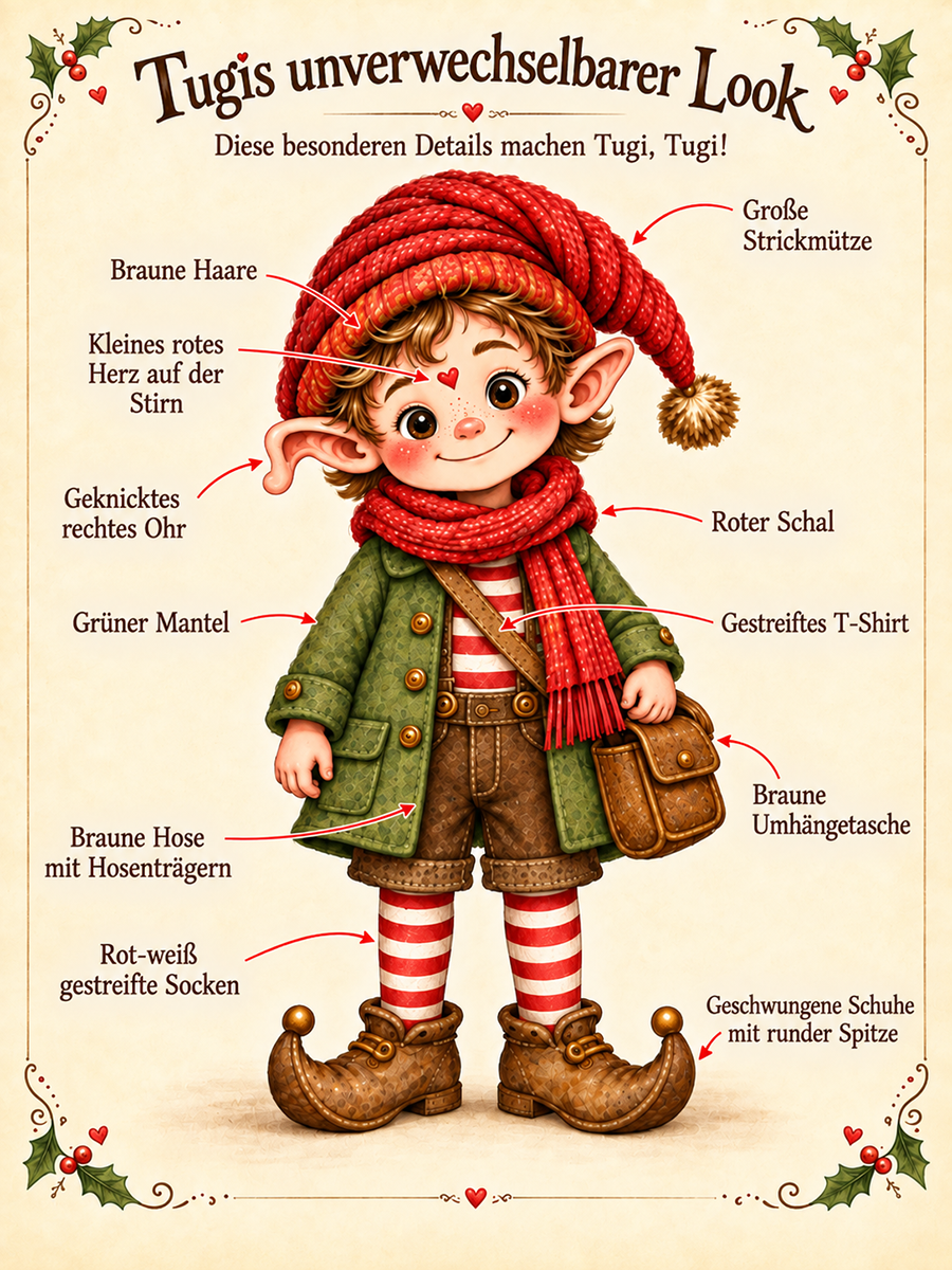 Tugi mit seiner großen Strickmütze, dem kleinen roten Herz, dem geknickten rechten Ohr, rotem Schal, grünem Mantel, gestreiftem Hemd, brauner Posttasche, einer kurzen braunen Hose mit Hosenträgern, rot-weiß gestreiften Socken und Schuhen mit gebogenen Spitzen