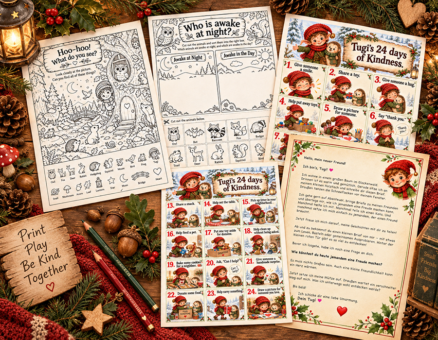 Tugi with printable coloring pages and activities for Tugi’s Mail friends