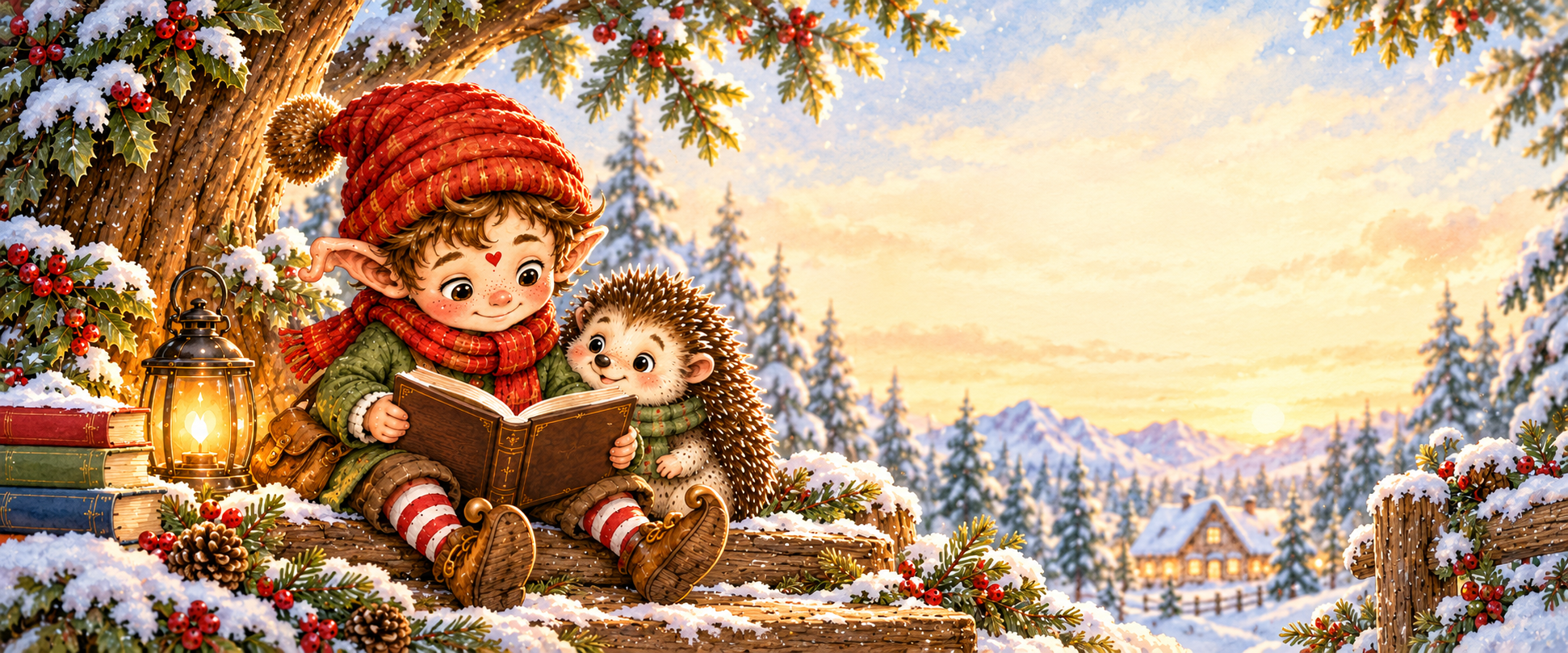 Tugi and a hedgehog reading together in a snowy forest