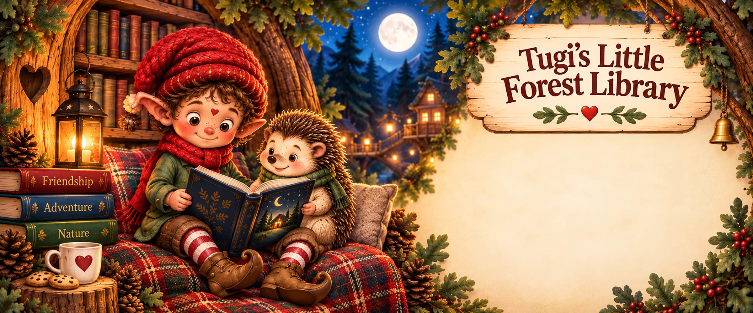 Tugi and Momo reading together by lantern light in the Little Forest Library