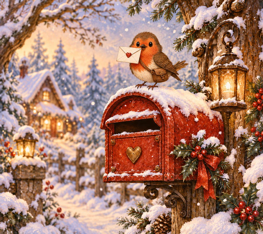 Red TUGI Books mailbox in the snowy Whispering Forest