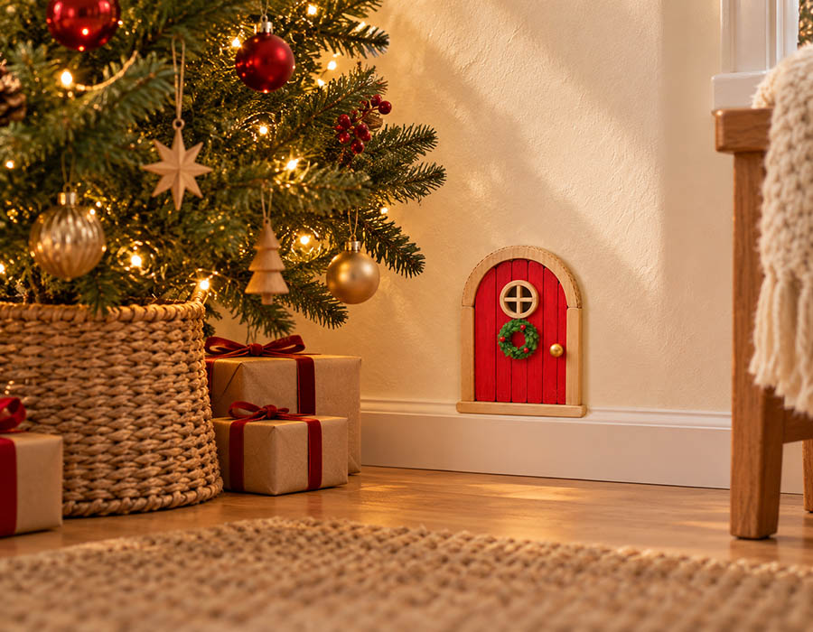 Little Red Door beside a decorated Christmas tree