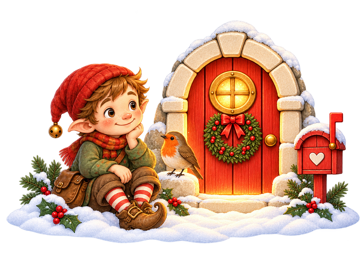 Tugi and Robin beside the glowing Little Red Door in the Whispering Forest