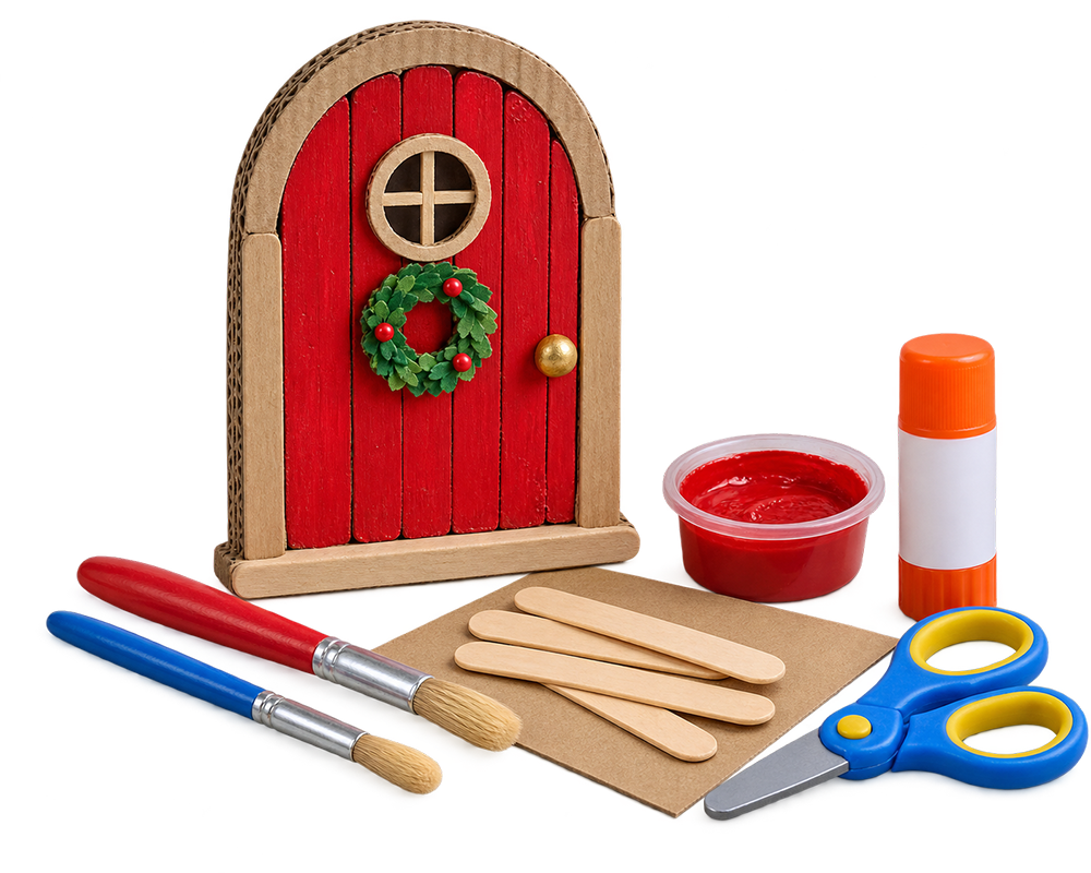 Handmade red door with cardboard, craft sticks, and paintbrushes