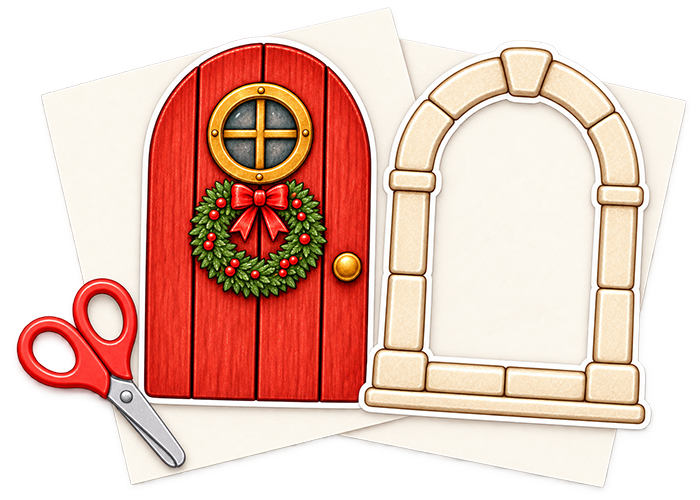 Printable red door with paper and child-safe craft scissors