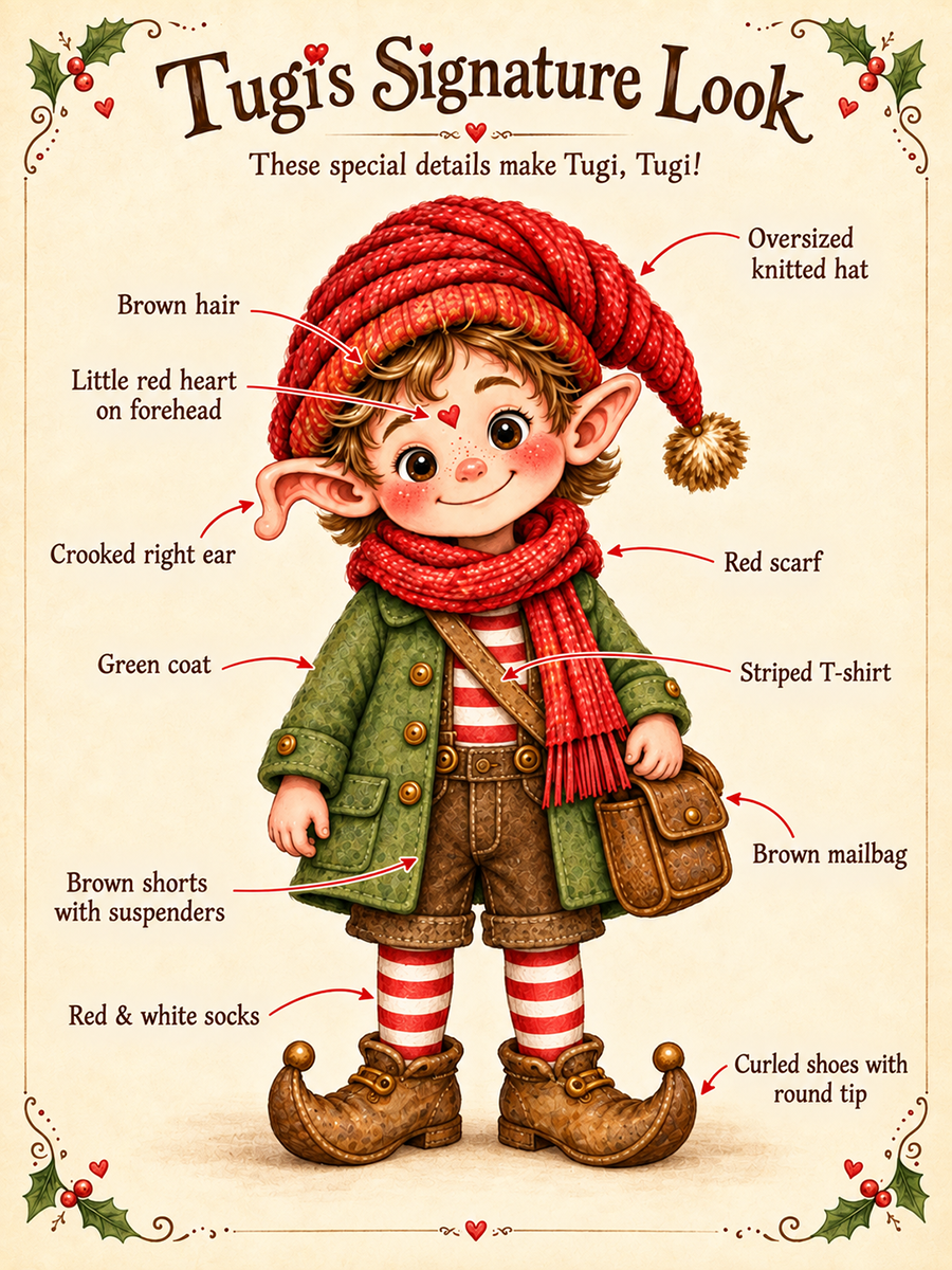 Tugi's signature look showing his oversized knitted hat, little red heart, crooked right ear, red scarf, green coat, striped shirt, brown mailbag, brown shorts with suspenders, red and white striped socks, and curled shoes